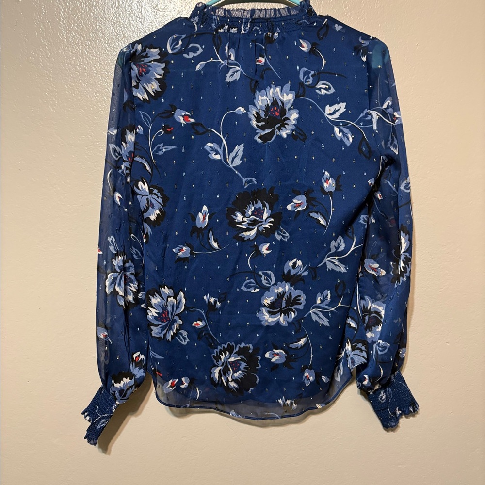 WHBM Navy Sheer Sleeve Floral Blouse Size 2 - Picture 11 of 14